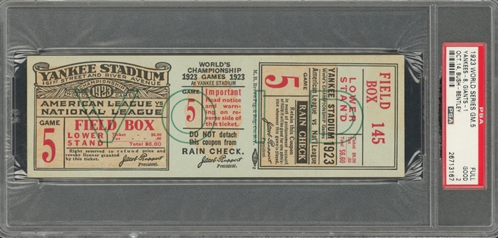 1923 New York Yankees vs. New York Giants World Series Full Ticket (PSA/DNA) 